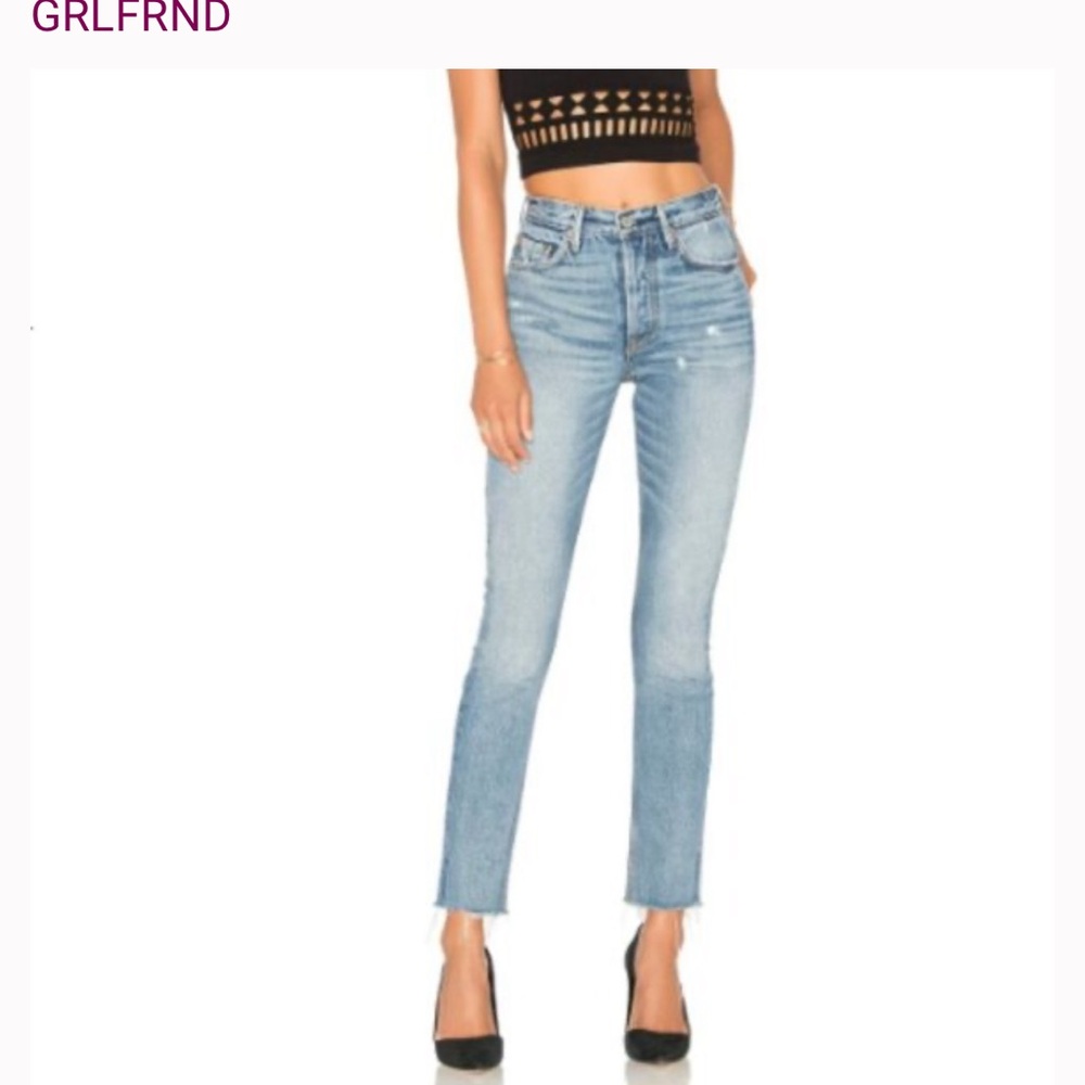 GRLFRND Light Blue High-Rise Cropped Straight Jean, Raw hem